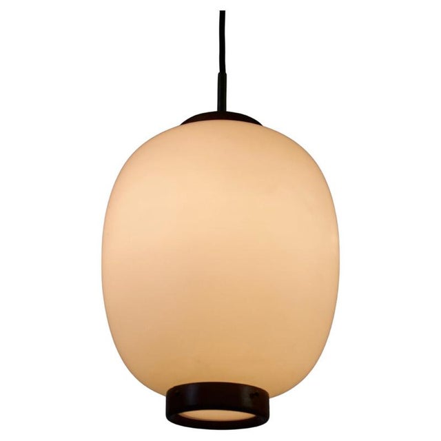 Gold Small Teak and Opal Glass Pendant Lamp by Bent Karlby for Lyfa, Denmark, 1960s For Sale - Image 8 of 8