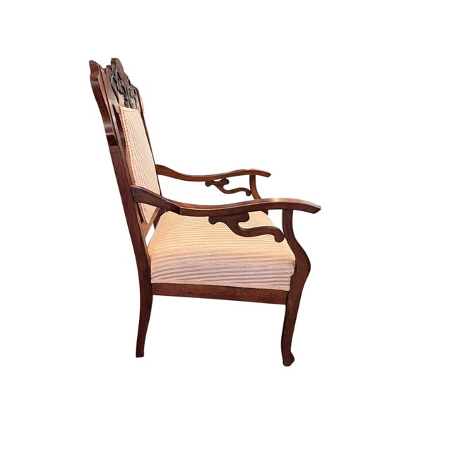 Late 19th Century Antique Victorian Carved Wood Armchair With Striped Silk Upholstery For Sale - Image 5 of 10