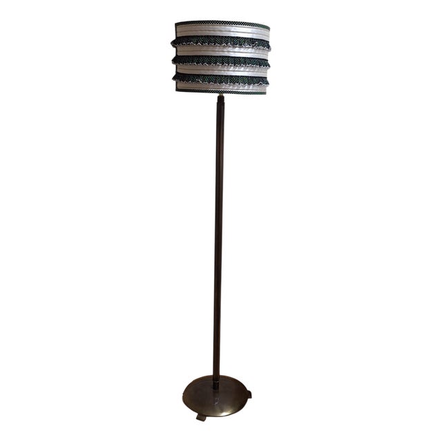 Mid-Century Minimalist Brass Floor Lamp with Handmade Fabric Shade, 1950s For Sale