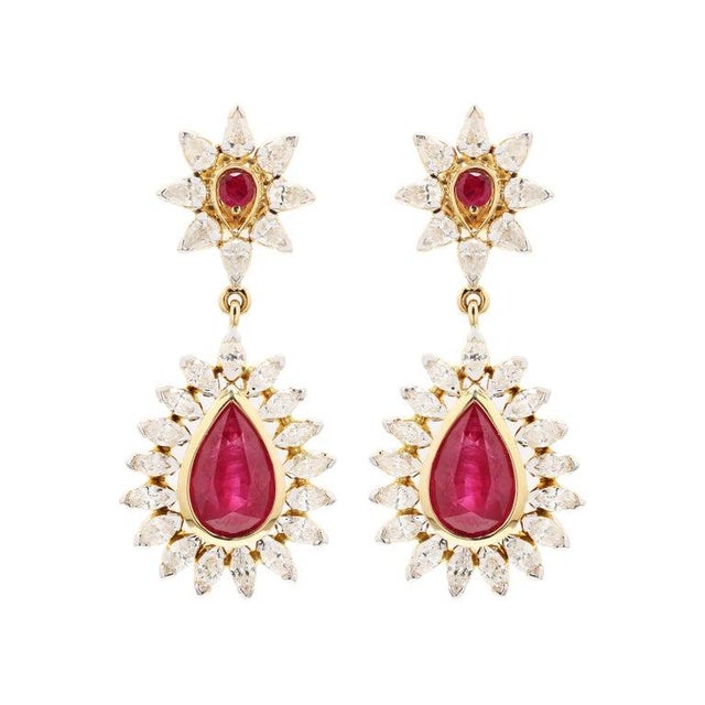 This is part of Chairish’s Fine Jewelry assortment. Diamond Ruby Wedding Dangle Earrings in 18K Gold with Diamonds to make...
