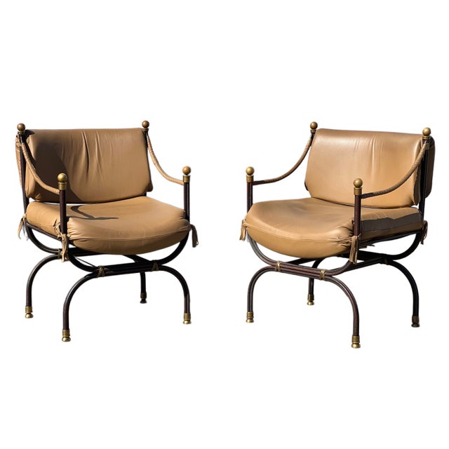 Pair of Curule Leather and Brass Campaign Armchairs Styled After Steve Chase For Sale - Image 13 of 18