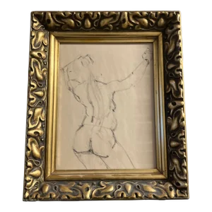 1970’s Original Abstract Female Nude Charcoal Study Drawing Chunky Gold Vintage Frame