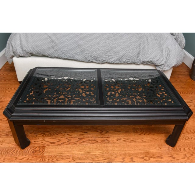 Late 20th Century Asian Ming Dynasty Style Pierced Wood and Glass Top Rectangular Coffee Table With Chow Legs For Sale In New York - Image 6 of 6