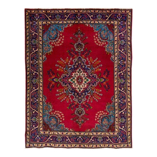 1960s Vintage Persian Tabriz Handmade Medallion Red Wool Rug For Sale