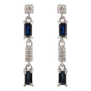 925 Sterling Silver Sapphire & Diamond Baguette Cut Linear Drop Earrings- 2 Pieces For Sale