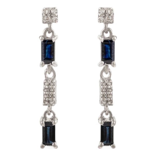 925 Sterling Silver Sapphire & Diamond Baguette Cut Linear Drop Earrings- 2 Pieces For Sale