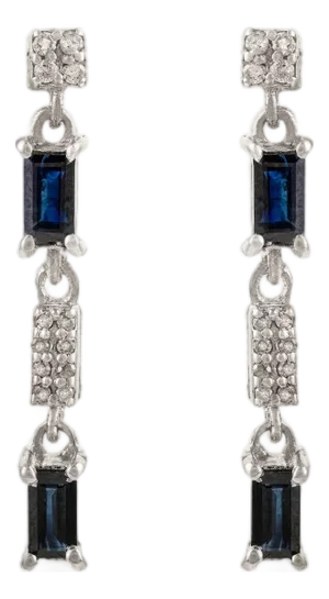 925 Sterling Silver Sapphire & Diamond Baguette Cut Linear Drop Earrings- 2 Pieces