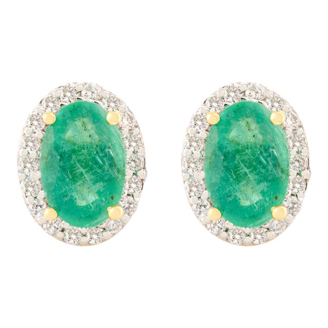 Oval Cut Emerald Halo Diamond Stud Earrings for Her, a Pair For Sale