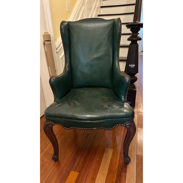 1950s Vintage Green Leather Chairs With Nailheads and Cabriole Legs For Sale - Image 5 of 9