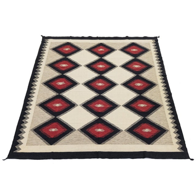 Modern Navajo Style Flatweave Geometric Diamond Wool Rug in Cream 9x12 For Sale - Image 4 of 11