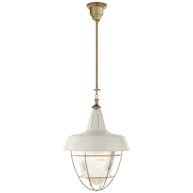 Thomas O'Brien for Visual Comfort Signature Henry Industrial Hanging Light in Hand-Rubbed Antique Brass with White Shade For Sale