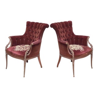 1930s Velvet Carved Wood Victorian Louie XVI Style Armchair-A Pair For Sale