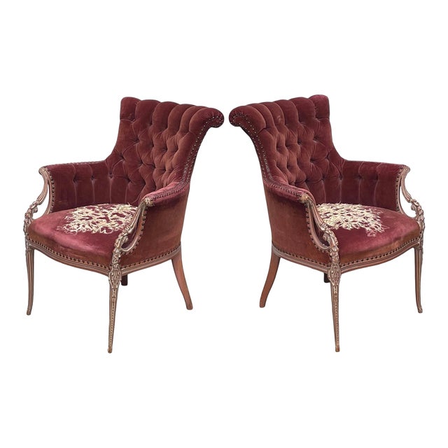 1930s Velvet Carved Wood Victorian Louie XVI Style Armchair-A Pair For Sale