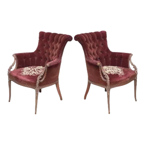 1930s Velvet Carved Wood Victorian Louie XVI Style Armchair-A Pair