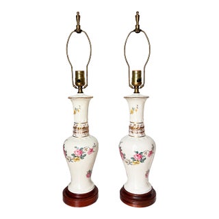 Vintage Ivory Floral Ceramic Table Lamps With Gold Accents — A Pair For Sale