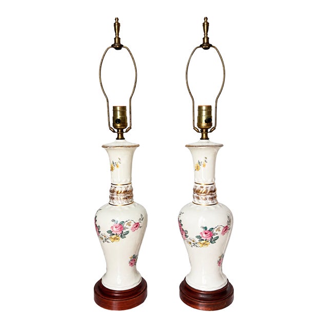 Vintage Ivory Floral Ceramic Table Lamps With Gold Accents — A Pair For Sale
