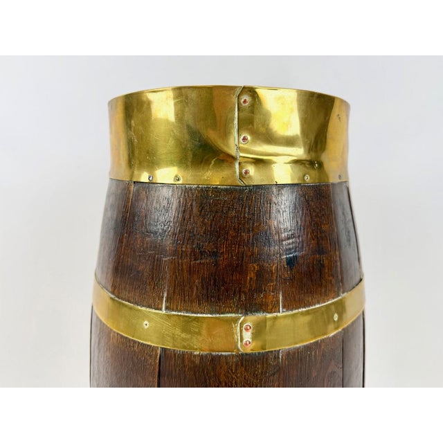 Rustic Antique Victorian Oak and Brass Barrel Umbrella Stand, 1890s For Sale - Image 3 of 13