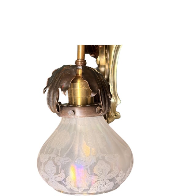 1900 Art Nouveau Brass and Copper Sconces With Antique Floral Irridescent Shades #2618 - a Pair For Sale - Image 9 of 14