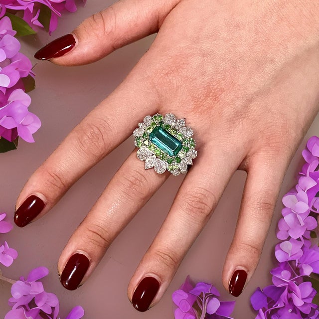 Natural Emerald Tsavorite Diamond Ring 6.75 14k White Gold 9.22 TCW Certified For Sale - Image 10 of 17