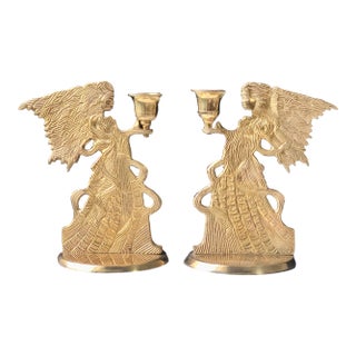Vintage Figural Brass Angel Candlesticks - a Pair For Sale