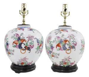 Pair of Chinese Famille Rose Porcelain Ginger Jars Table Lamps Floral Motif