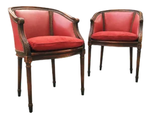 French Leather, Cane and Suede Library Bergère Chairs - A Pair