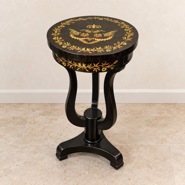 French Black French Louis XVI-Style Pedestal Table – Floral Inlay With Gilded Gold Leaf Accents For Sale - Image 3 of 3