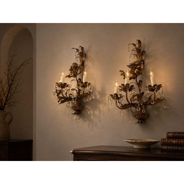 French Marie Therese Style, Cherub Wall Sconces, Gilt-Brass, Crystal, France, 1950s French Marie Therese style gilt-brass...