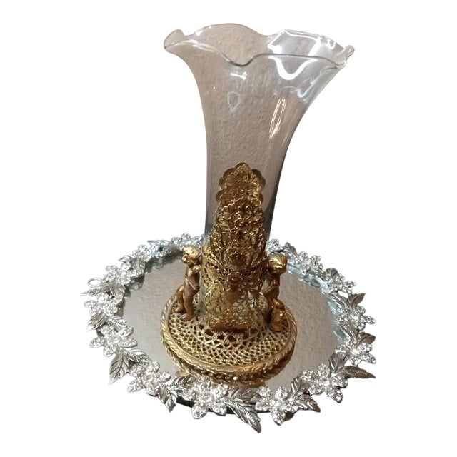 STUNNING Ormulu Ornate Filigree Cherub Brass Holder with 7" Clear Epergne Vase. Elevate your home decor with the ornate...