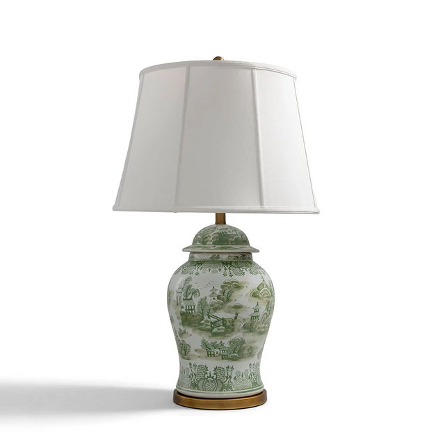 Green Willow is our chinoiserie inspired Asian scenic tableau in green and white. The larger ginger jar shaped lamp is...