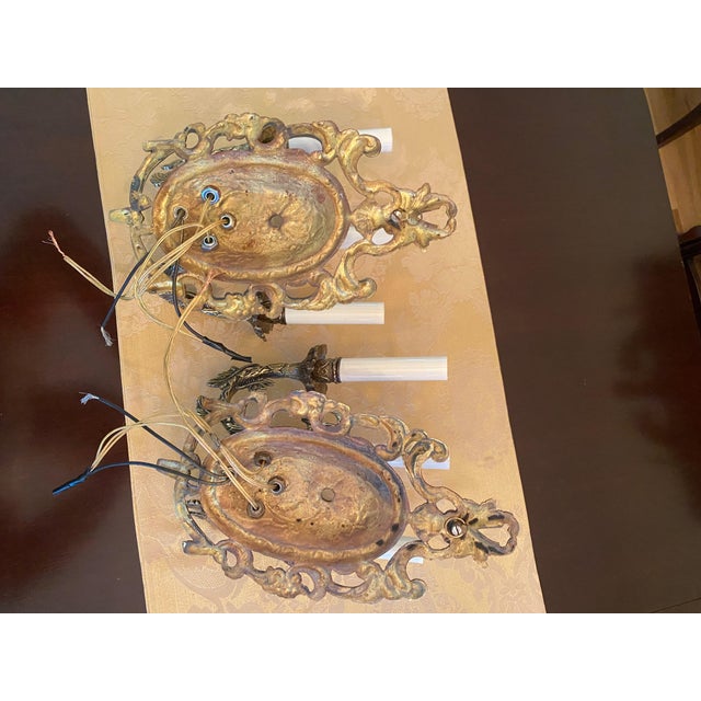 1900 - 1909 Antique French Rocco Triple-Arm Electric Wall Sconces in the Highly Sought After Baroque - a Pair For Sale - Image 5 of 6