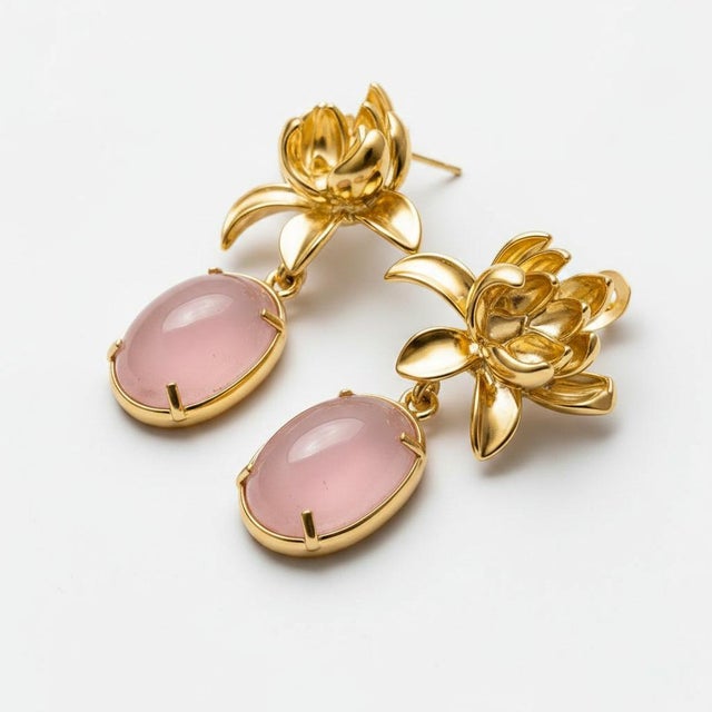 Metal Lotus Rose Quartz Drop Earrings, Pair For Sale - Image 7 of 9