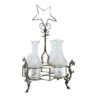 Embossed Silver and Glass Liqueur Bottles and Mustard Container, Set of 4 For Sale