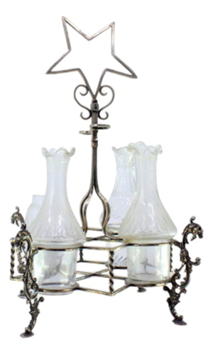 Embossed Silver and Glass Liqueur Bottles and Mustard Container, Set of 4