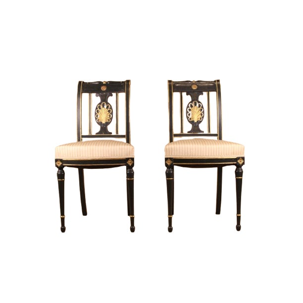 Late 19th century. Seats upholstered in ivory and camel striped moiré fabric. From a Bunny Williams project, New York...