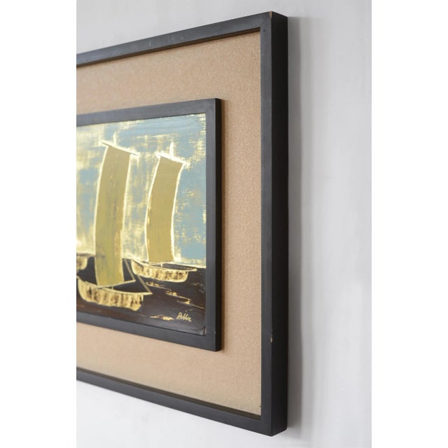 Blue Mid Century Cityscape and Seascape Painting on Metal, Signed and Framed For Sale - Image 8 of 13
