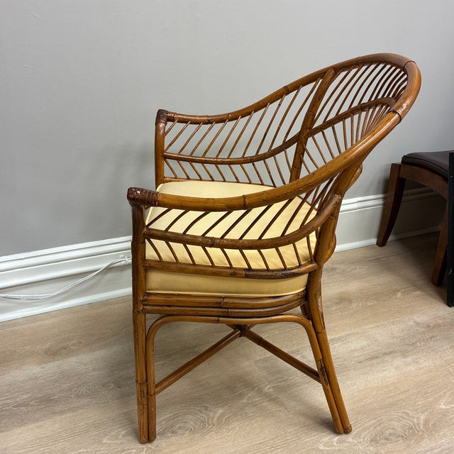 1970’s Boho-Style Fan Shapes Barrel Hand Woven Rattan and Bamboo Chair For Sale - Image 4 of 7