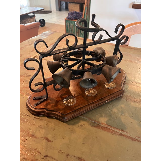 Metal Vintage Wrought Iron & Brass 8-Bell Mechanical Door Bell on Wood Plaque For Sale - Image 7 of 11