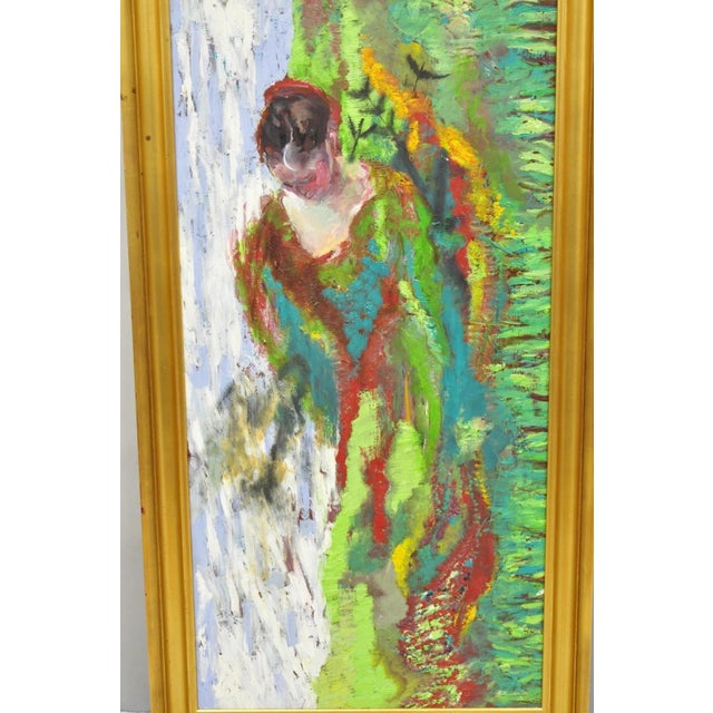 Traditional Large Impressionist Style Young Woman in Field Oil on Wood Board Framed Painting For Sale - Image 3 of 15