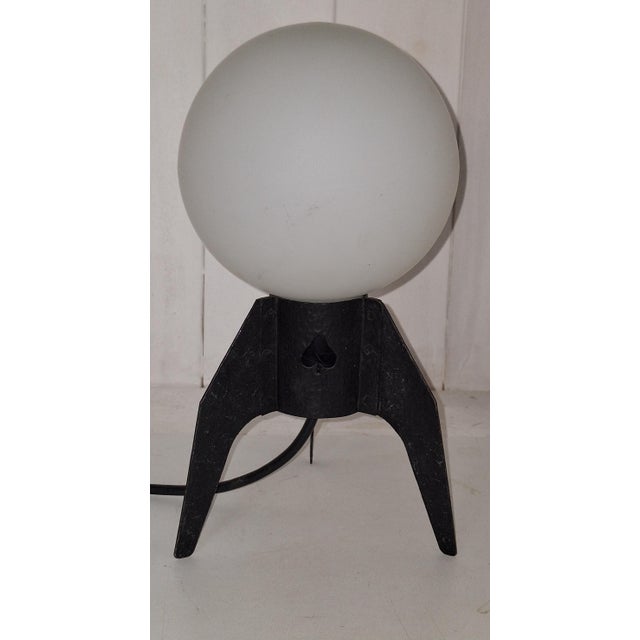 Metal Mid-Century Table Lamp with a Black Iron Tripod Base and a White Opal Glass Shade, 1960s For Sale - Image 7 of 8