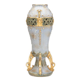Amphora Art Nouveau Vase, c.1900, Pierced Blue-Green & Gilt, 13.25-Inch For Sale