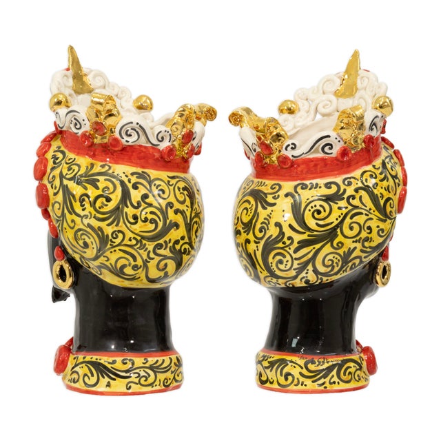 1980s Pair of Sicily & More Handcrafted Ceramic Moore Head Vases by Caltagirone For Sale - Image 5 of 6