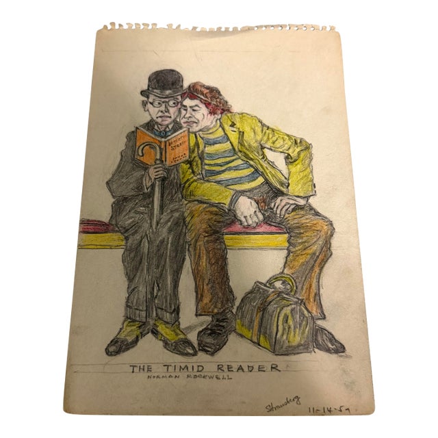 The Timid Reader Hand Draw Signed Strausberg 1959 6x9 For Sale