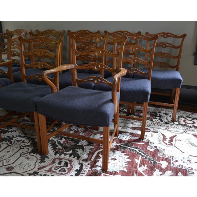 Set of 12 high quality Chippendale style ribbon-back (sometimes called ribband-back) dining chairs. Likely 20th century...