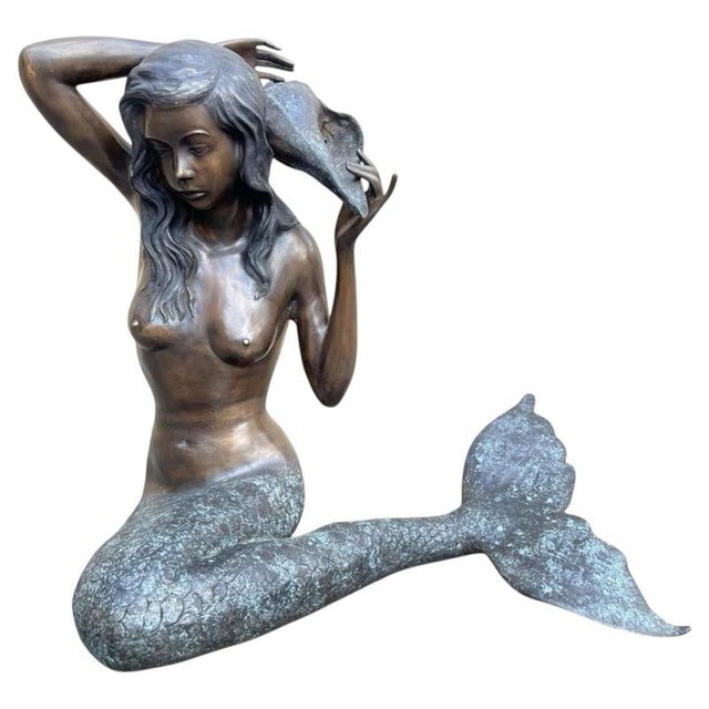 Bronze Mermaid with Conch Shell Fountain Sculpture For Sale - Image 3 of 12