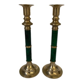Mid 20th Century Andrea by Sadek Brass and Faux Malachite Candlesticks - a Pair For Sale