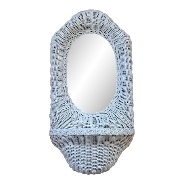 Vintage Coastal White Wicker Mirror With Shelf For Sale