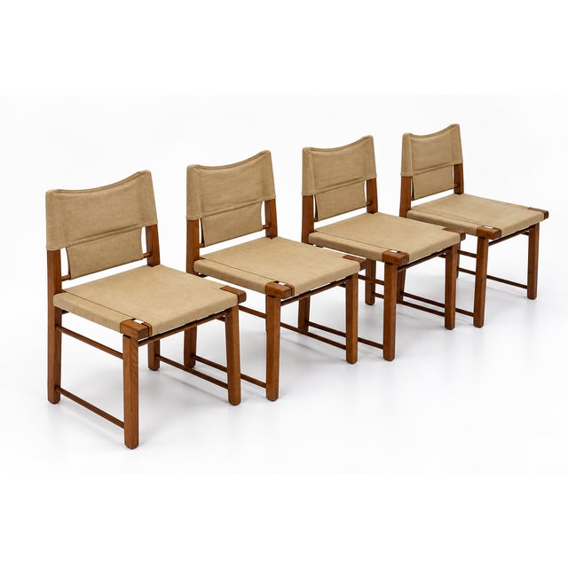 Brown Italian Wooden Dining Chairs with Canvas Upholstery, 1970s, Set of 4 For Sale - Image 8 of 10