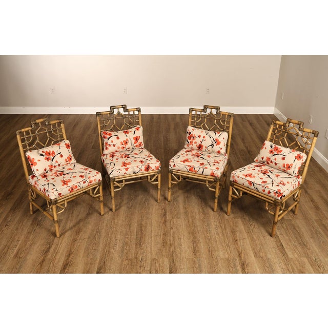 High Quality Set Of Four Chinoiserie Style Side Chairs Featuring Bamboo Frames With Rawhide Lacing, Decorative Geometric...