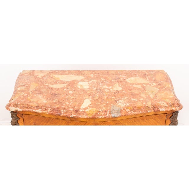French Louis XV Style Marble Top Marquetry Bombe Chest For Sale - Image 3 of 8